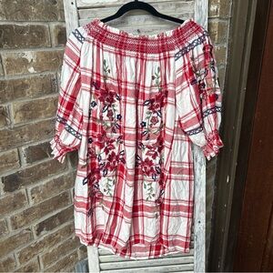 ZARA Dress Red Check  Off-Shoulder Rose Floral Embroidery Size Large.